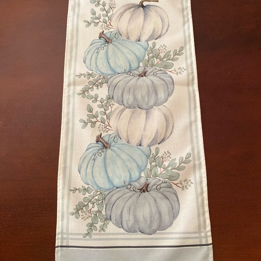 Farmhouse Pumpkin Table Runner - Blue and Gray - Picture 3 of 11
